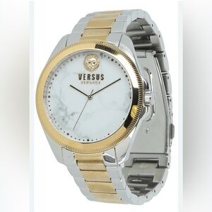 Versus Versace Stainless Steel Gold Tone Lion Head White Marble Dial Women Watch